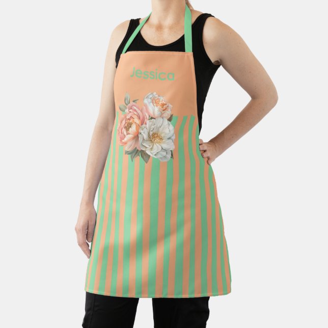 Orange Top with Mint Stripes Floral  Apron (Insitu)