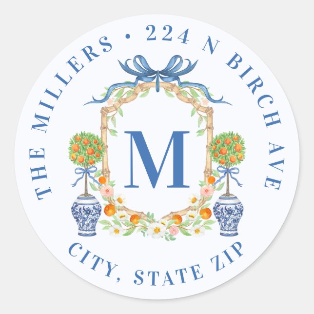 Orange Topiary Chinoiserie Monogram Address Classic Round Sticker (Front)