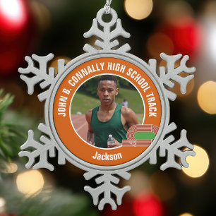 Orange Track & Field Photo High School Athlete Snowflake Pewter Christmas Ornament