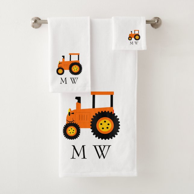 Orange Tractor Design Monogrammed Bath Towel Set (Insitu)