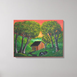Orange Trapper Shack Wood Forest Landscape Canvas Print