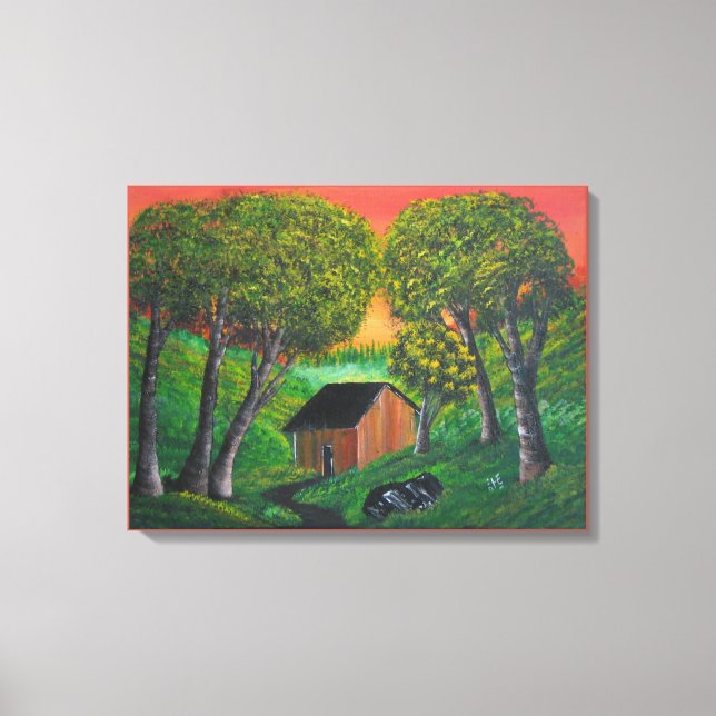 Orange Trapper Shack Wood Forest Landscape Canvas Print (Front)