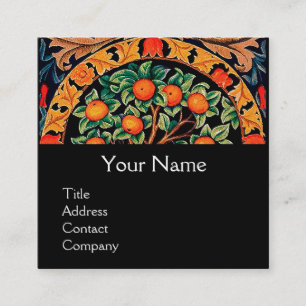 ORANGE TREE ,GREEN LEAVES,FLOWERS Floral Black Square Business Card
