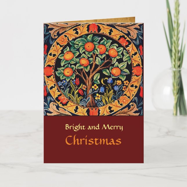 ORANGE TREE WITH GREEN LEAVES,FLOWERS HOLIDAY CARD (Front)