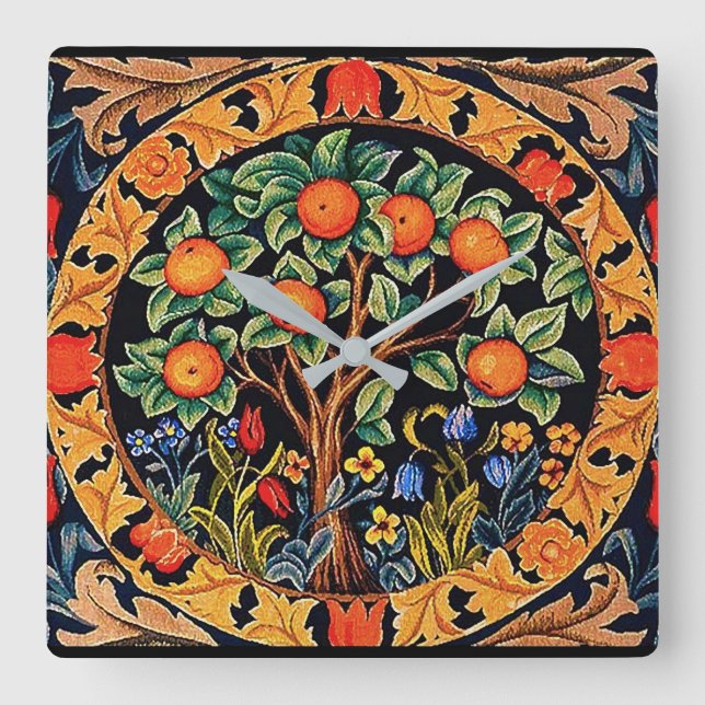 ORANGE TREE WITH GREEN LEAVES,FLOWERS SQUARE WALL CLOCK (Front)