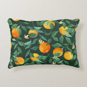 Orange trees, branches with flowers on a green bac decorative cushion