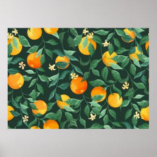 Orange trees, branches with flowers on a green bac poster