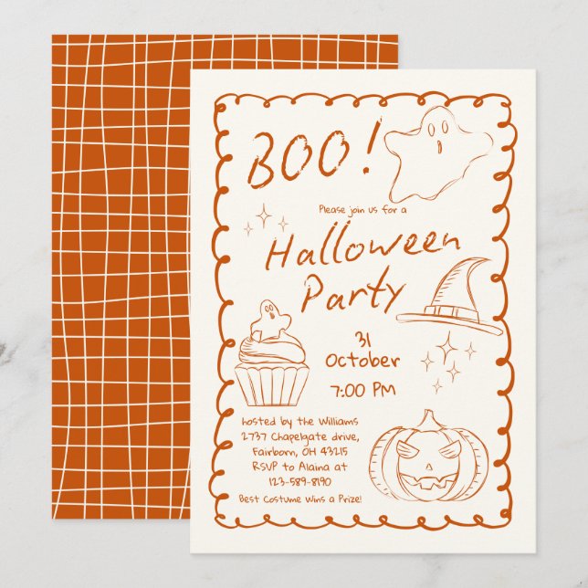 Orange Trendy Hand Drawn Sketchy Halloween Party   Invitation (Front/Back)