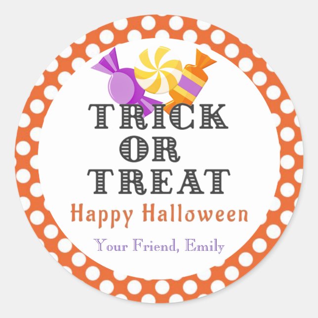 Orange Trick or Treat Halloween Candy Party Favour Classic Round Sticker (Front)