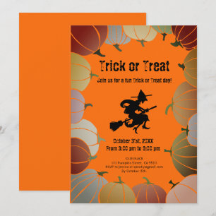 Orange Trick or Treat Spooky Flying Witch Pumpkins Holiday Card