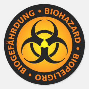 Orange Trilingual Biohazard Warning Classic Round Sticker