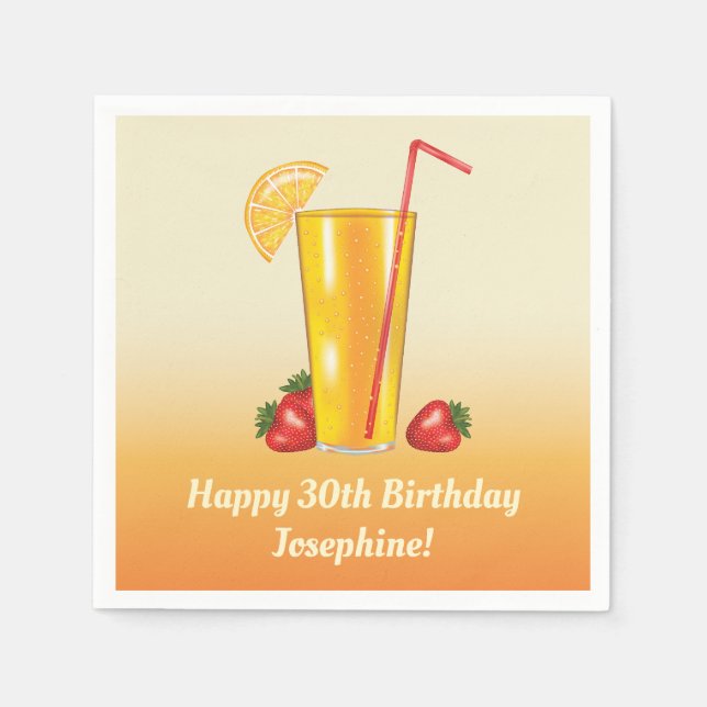 Orange Tropical Drink And Strawberries Birthday Napkin (Front)