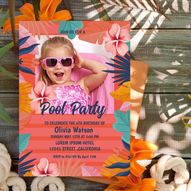 Orange Tropical Floral Aloha Luau Birthday Photo Invitation (Creator Uploaded)