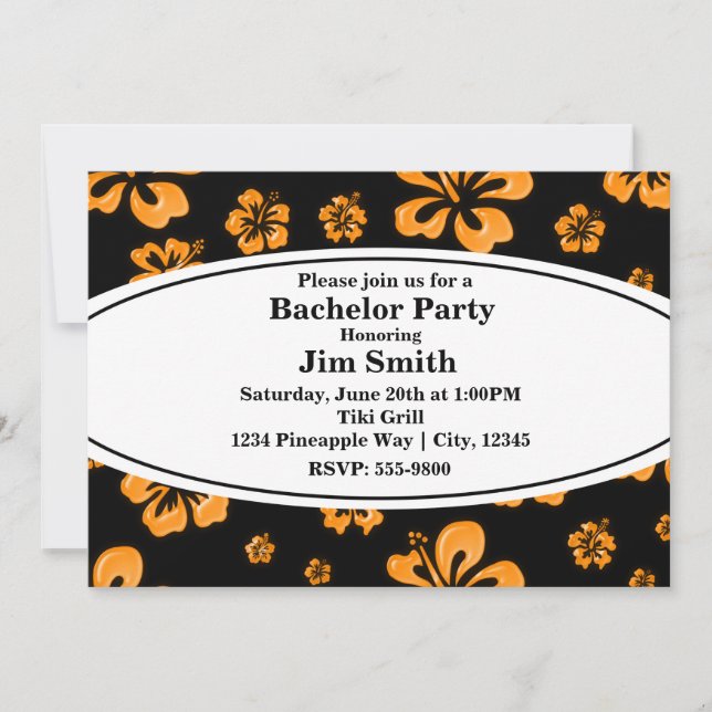 Orange Tropical Hibiscus Floral Black Invitation (Front)