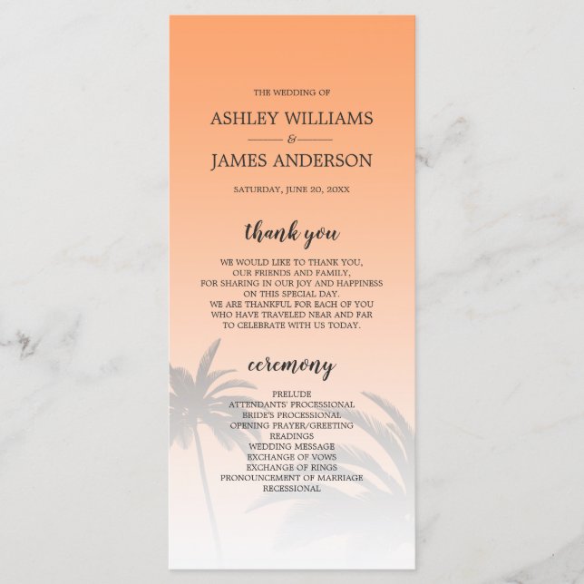 Orange Tropical Palm Tree Beach Wedding Programme (Front)