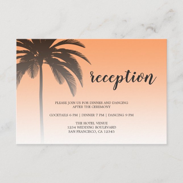 Orange Tropical Palm Tree Beach Wedding Reception Enclosure Card (Front)