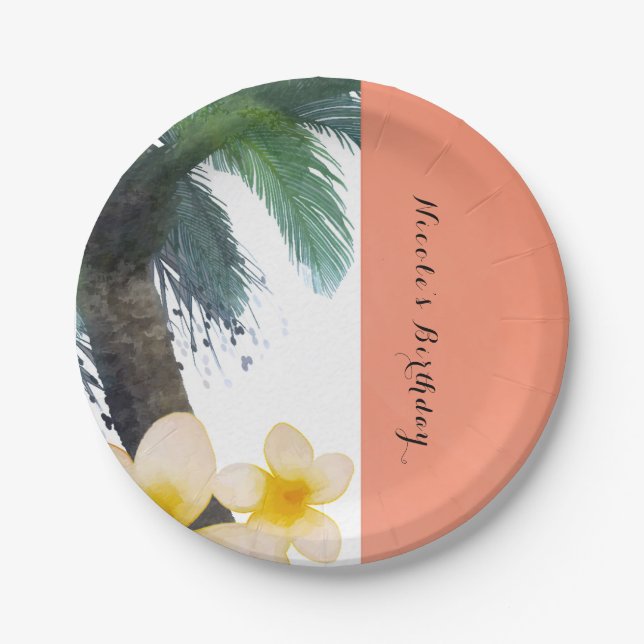 Orange Tropical Palm Tree & Plumeria Summer Party Paper Plate (Front)