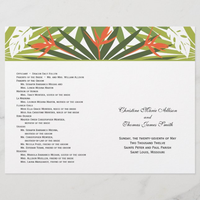 Orange Tropical Wedding Program (Front)