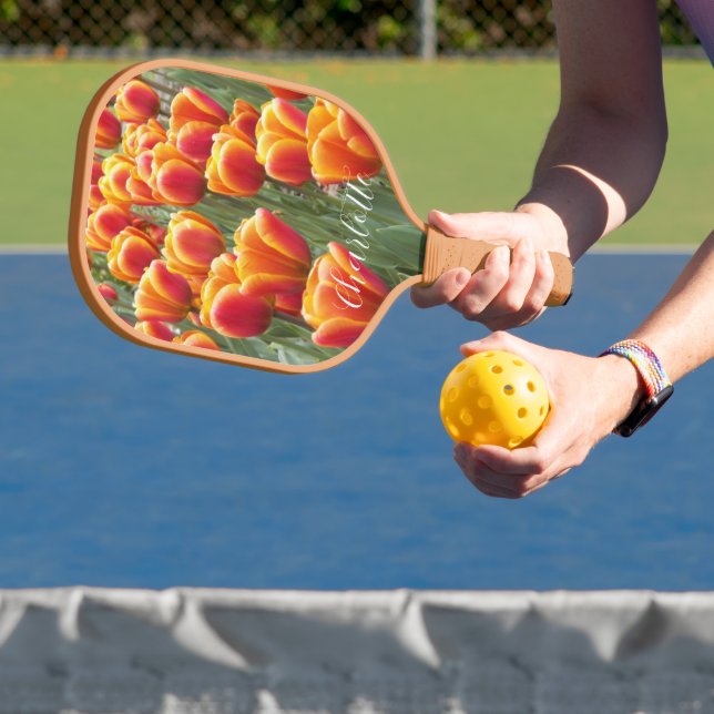 Orange Tulip Blooms with Name Floral Pickleball Paddle (Insitu)