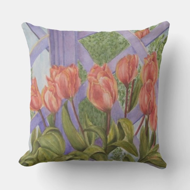 ORANGE TULIP FLOWERS ON PURPLE LATTICE PATIO CUSHION (Front)