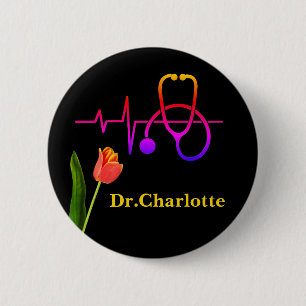 Orange Tulip Heartbeat Stethoscope Medical 6 Cm Round Badge
