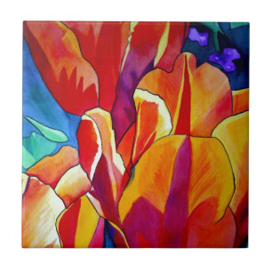 Orange Tulips watercolor art flower painting Tile