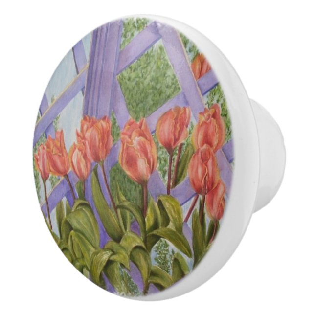 ORANGE TULIPS WITH PURPLE LATTICE DOOR KNOB (Right)