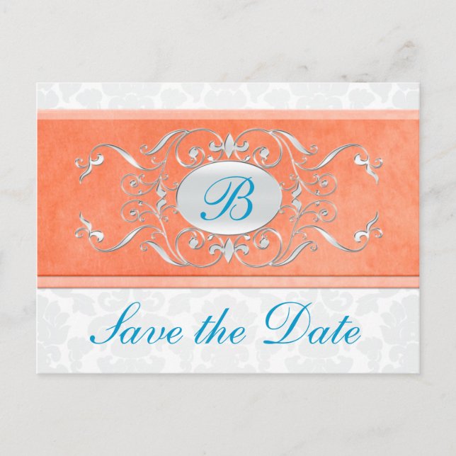 Orange, Turquoise, and Grey Damask Save the Date Announcement Postcard (Front)