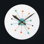 Orange Turquoise Atomic Age Starburst Mid Century Round Clock<br><div class="desc">This colourful mid century modern clock features an atomic starburst in turquoise blue,  two shades of orange,  and yellow,  with black lines for the time. So fun to add to your wall!</div>