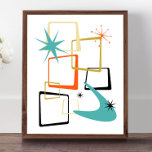 Orange Turquoise Atomic Stars Boomerang Midcentury Poster<br><div class="desc">Add that splash of fun and colour to your wall with this fabulous atomic era mid century modern poster! This design features abstract squares,  starbursts,  and a boomerang in the colours of turquoise blue,  orange,  cream,  gold,  and black... so funky!</div>
