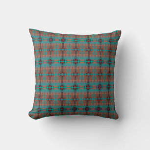 Orange Turquoise Black Mediterranean Small Tiles Cushion