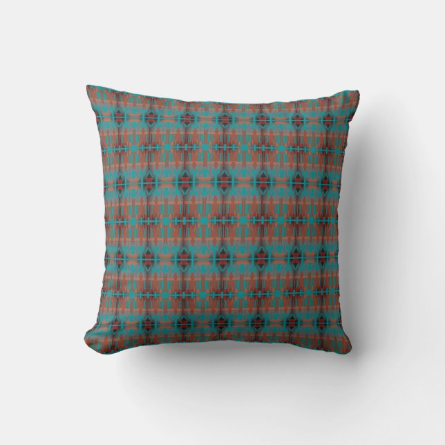 Orange Turquoise Black Mediterranean Small Tiles Cushion (Front)