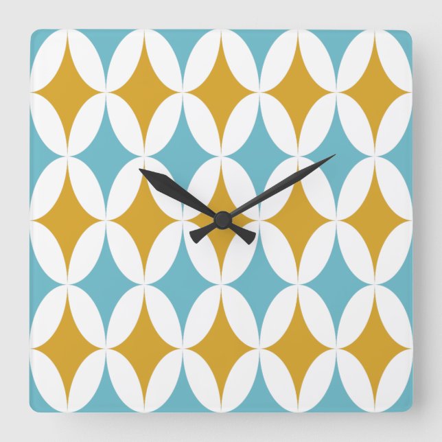 Orange Turquoise Blue Diamonds Mid Century Pattern Square Wall Clock (Front)
