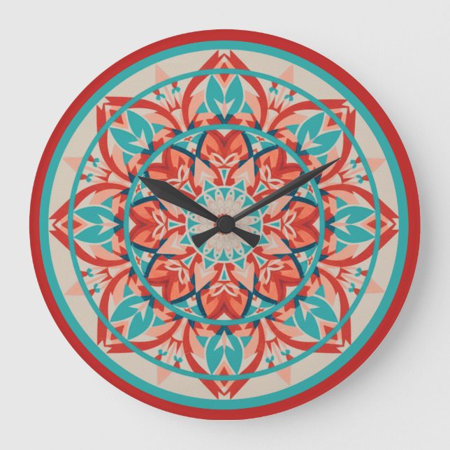 Orange & Turquoise Boho Mandala  Large Clock (Front)