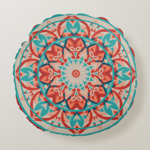Orange & Turquoise Boho Mandala Round Cushion