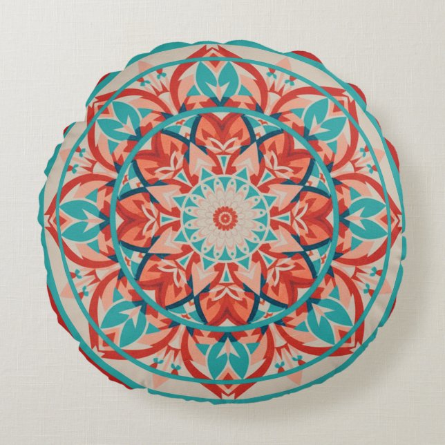 Orange & Turquoise Boho Mandala Round Cushion (Front)