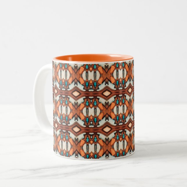 Orange, Turquoise, Brown Tribal Inspired Two-Tone Coffee Mug (Front Left)