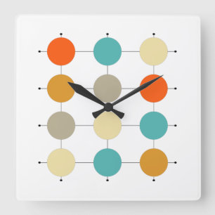 Orange Turquoise Cream Circles On Grid Mid Century Square Wall Clock