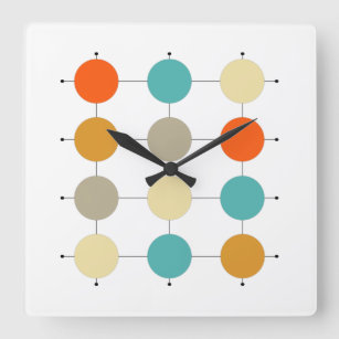 Orange Turquoise Cream Circles On Grid Mid Century Square Wall Clock