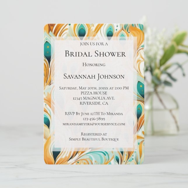 Orange Turquoise Peacock Feathers Bridal Shower Invitation (Standing Front)