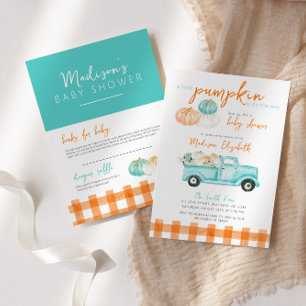 Orange & turquoise Pumpkin Truck Baby Shower Invitation