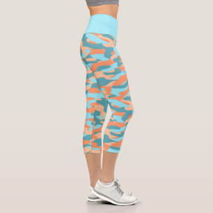Orange Turquoise Teal Blue Camouflage Pattern Capri Leggings