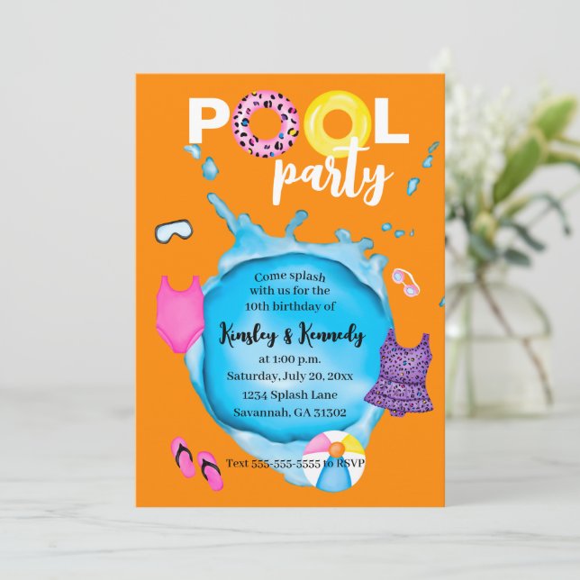 Orange Twins Pool Party Birthday Splash Leopard Invitation (Standing Front)