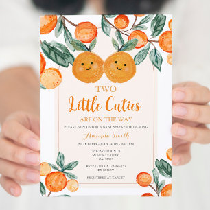 Orange Two little cutie are on the way Greenery Invitation