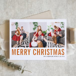 Orange Typography Merry Christmas Photo Collage Holiday Card<br><div class="desc">Merry Christmas! Customisable Christmas photo collage card featuring orange simple typography and snow pattern. Personalise by adding three photos,  names,  year and other details. This modern Christmas photo card is available in other colours and cardstock.</div>
