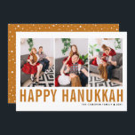 Orange Typography Photo Collage Happy Hanukkah Holiday Card<br><div class="desc">Happy Hanukkah! Customisable Happy Hanukkah photo collage flat card featuring orange simple typography and snow pattern. Personalise by adding three photos,  names,  year and other details. This modern Hanukkah flat card is available in other colours and cardstock.</div>