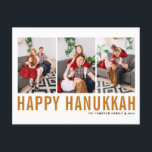 Orange Typography Photo Collage Happy Hanukkah Holiday Postcard<br><div class="desc">Happy Hanukkah! Customisable Happy Hanukkah photo collage postcard featuring orange simple typography and snow pattern. Personalise by adding three photos,  names,  year and other details. This modern Hanukkah postcard is available in other colours and cardstock.</div>