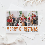 Orange Typography Photo Collage Merry Christmas Holiday Card<br><div class="desc">Merry Christmas! Customisable Christmas photo collage flat card featuring orange simple typography and snow pattern. Personalise by adding three photos,  names,  year and other details. This modern Christmas flat card is available in other colours and cardstock.</div>