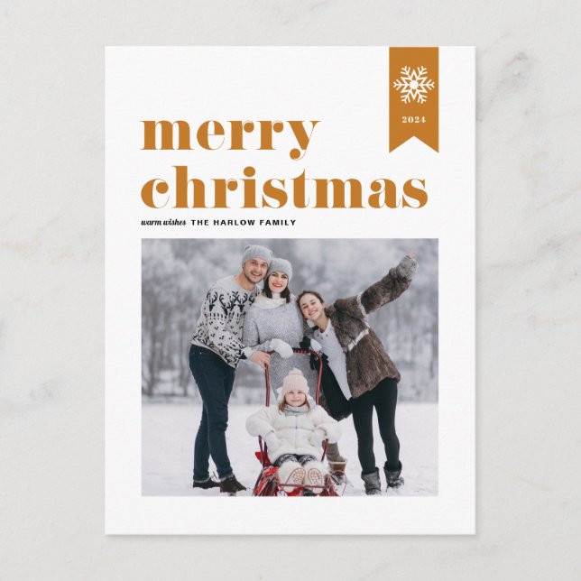 Orange Typography Snowflakes Merry Christmas Photo Holiday Postcard (Front)