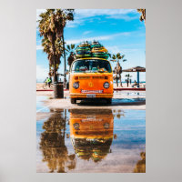 Orange van with surfboard on top